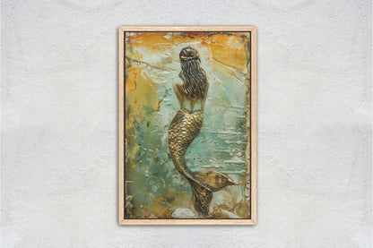 Rustic Mermaid, Faux metal art, Mythical Creature, Ocean Decor, Framed Canvas, Large Art print, Fantasy Painting