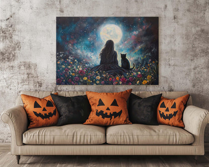 Girl and Cat Moon, Moonlit Night, Dreaming of Tomorrow, Halloween Art, Full Moon, Witch and Cat