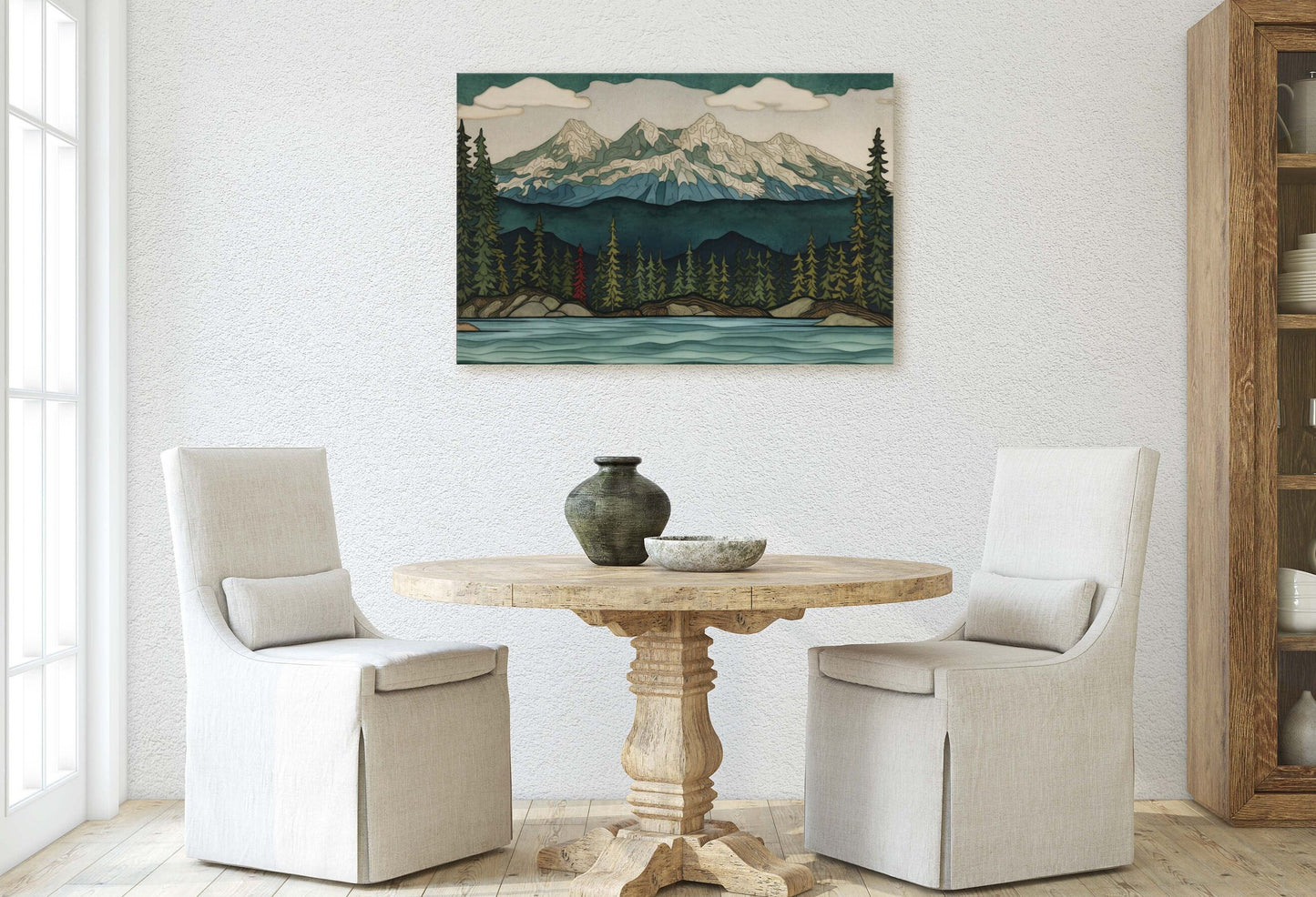 Minimalist Lake Mountain on Canvas, Scandinavian Design, Danish, Green Blue, Framed Canvas, Abstract, Simple, Landscape Painting