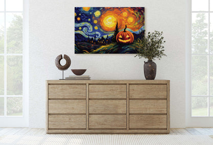 Starry Night Pumpkin on Canvas, Jack-O-Lantern, Spooky Art, Framed Canvas, Kid Friendly, Fun Halloween Decor
