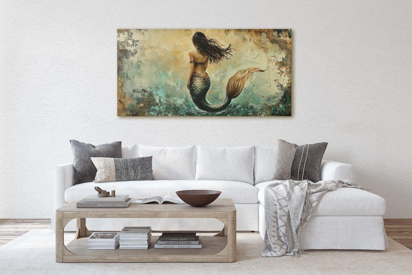 Rustic Mermaid, Faux metal art, Mythical Creature, Ocean Decor, Framed Canvas, Large Art print, Fantasy Painting