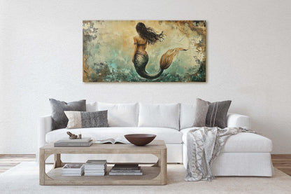 Rustic Mermaid, Faux metal art, Mythical Creature, Ocean Decor, Framed Canvas, Large Art print, Fantasy Painting