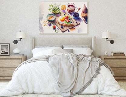 Watercolor Breakfast Canvas Art Ready To Hang Large Print, Oil Painting, Colorful, Eggs, Water Color, kitchen
