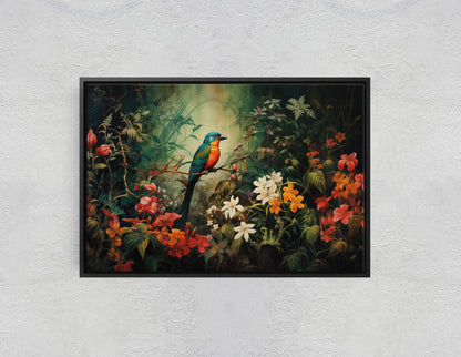 Jungle Bird Painting, Jungle Art, Green Jungle, Framed Canvas, Large Print, Beautiful Bird, Flower Jungle, Tropical Forest, Rainforest Art