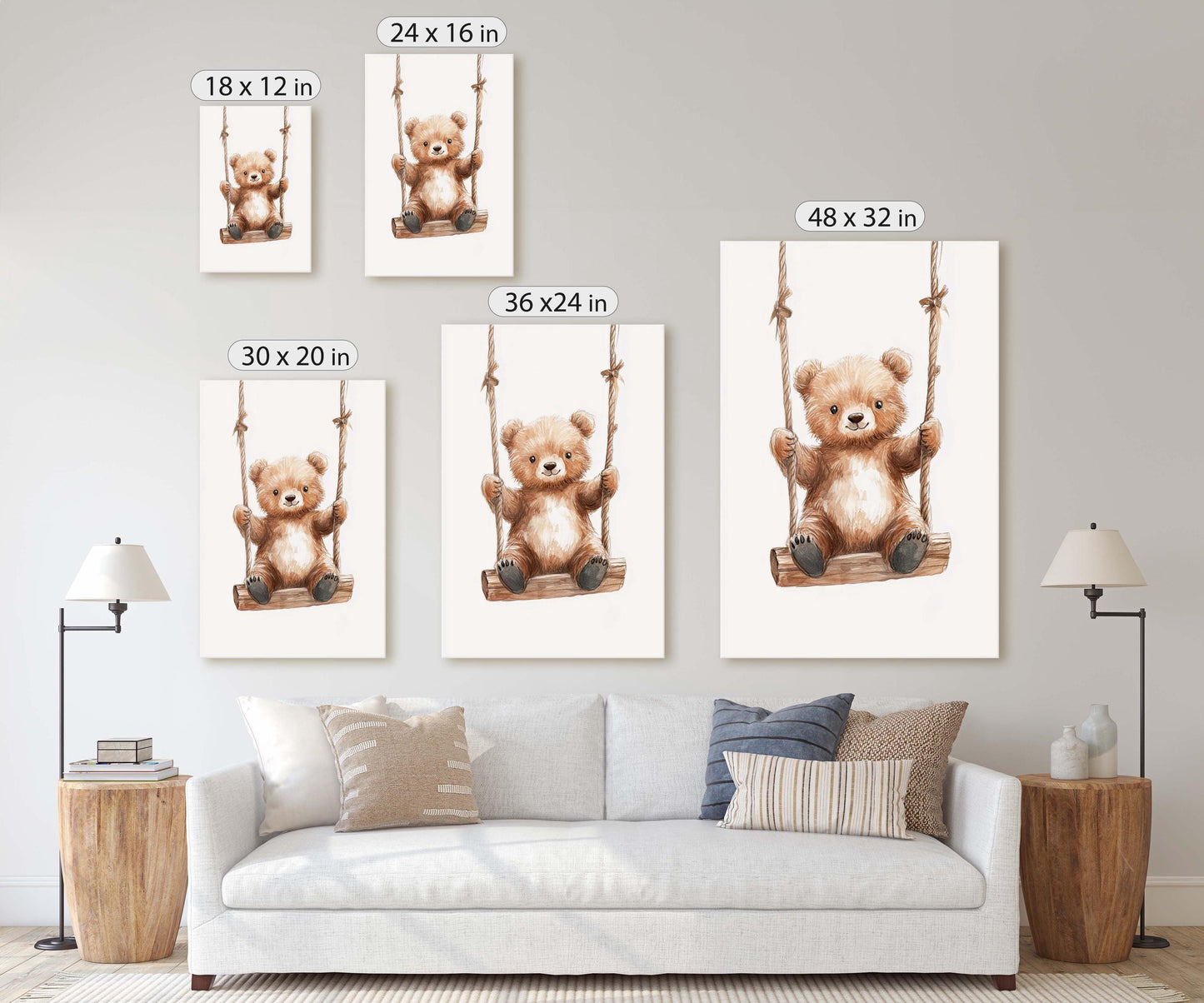 Cute Bear Swinging, Bear Art, Childrens Decor, Kids Art, Girls Room, Boys Room