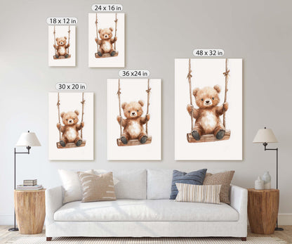 Cute Bear Swinging, Bear Art, Childrens Decor, Kids Art, Girls Room, Boys Room