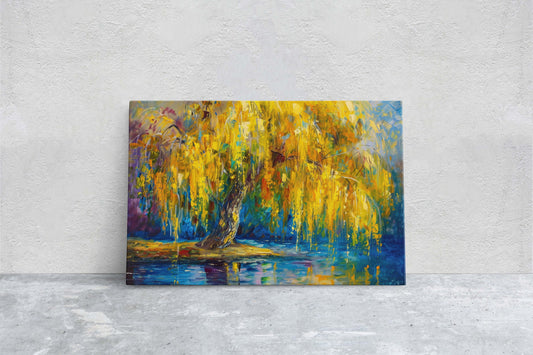 Golden Willow, Weeping Willow, Abstract Modern, Framed Canvas, Large Art Print, Gold and Blue, Tree Painting, Floral Botanical