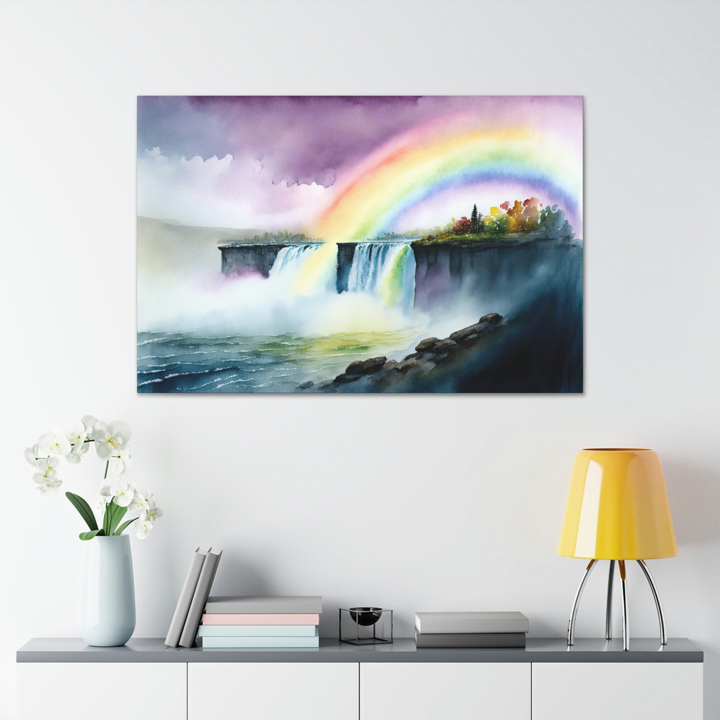 Watercolor Rainbow Waterfall Canvas Art Ready To Hang Large Print