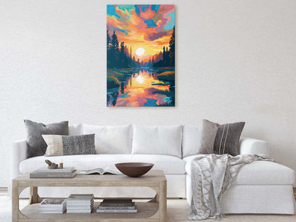 Lake at Sunset, Fauvist Color, Calm Water, Chromatic, Impressionist Art, Landscape Decor, Nature Painting, Ready to Hang, Canvas Print