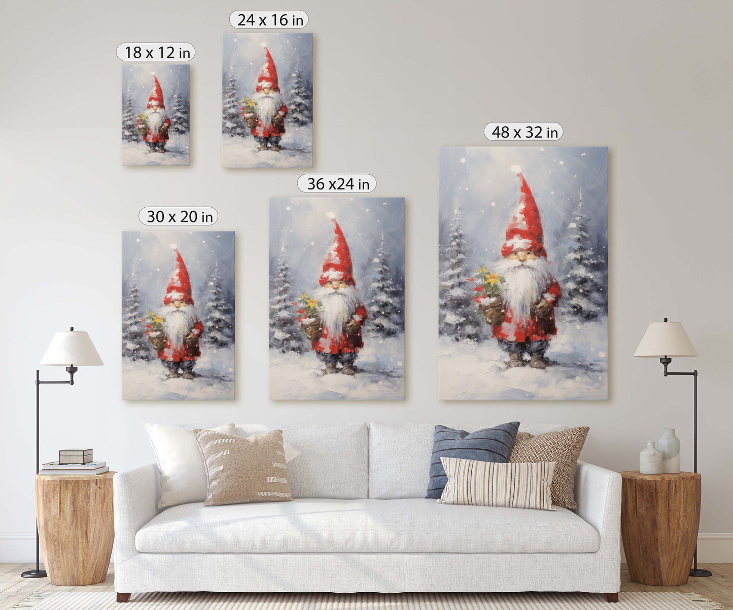 Christmas Elf, Christmas Gnome, Santa Clause Flower, Cute Santa, Christmas Decor, Xmas Painting, Framed Canvas