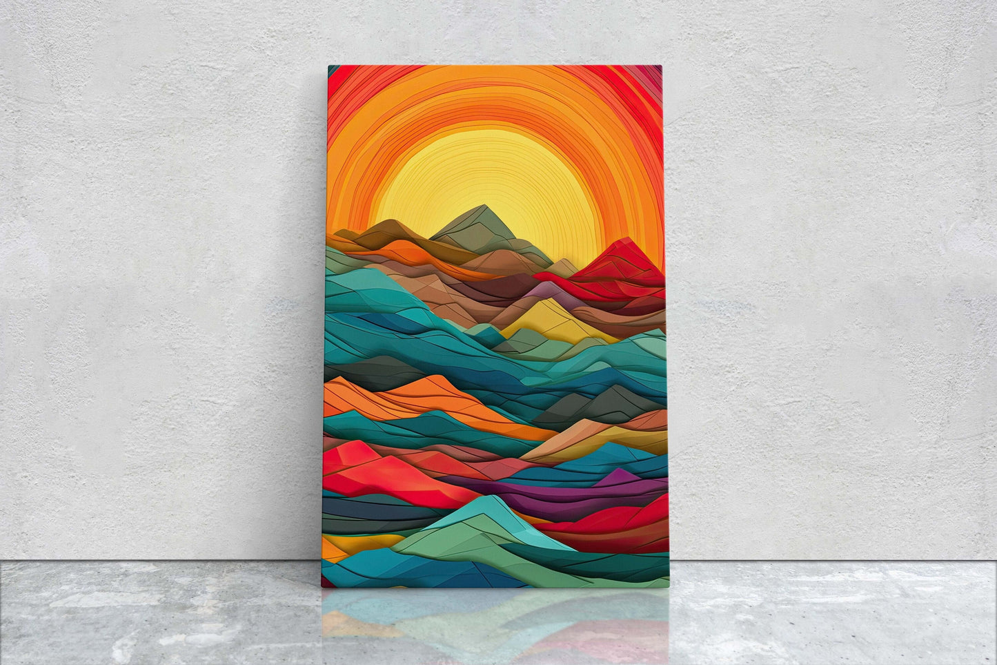 Sunshine Mountain on Canvas, Sunset Decor, Flat Art, Vibrant Color, Bold Art, Vertical, Abstract, Mid Century Modern, Scandinavian Print