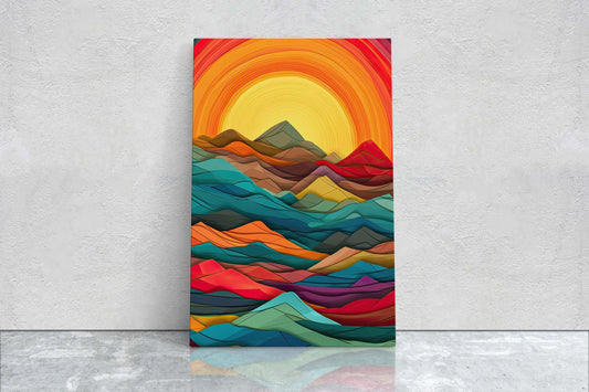 Sunshine Mountain on Canvas, Sunset Decor, Flat Art, Vibrant Color, Bold Art, Vertical, Abstract, Mid Century Modern, Scandinavian Print