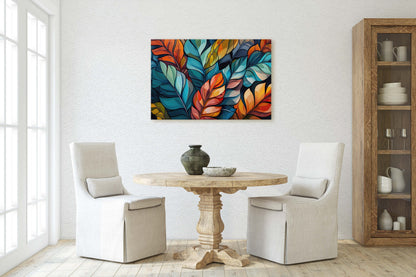 Modern Leaves, Contemporary Colorful, Fall Season, Abstract Symbolist, Framed Canvas, Large Art Print