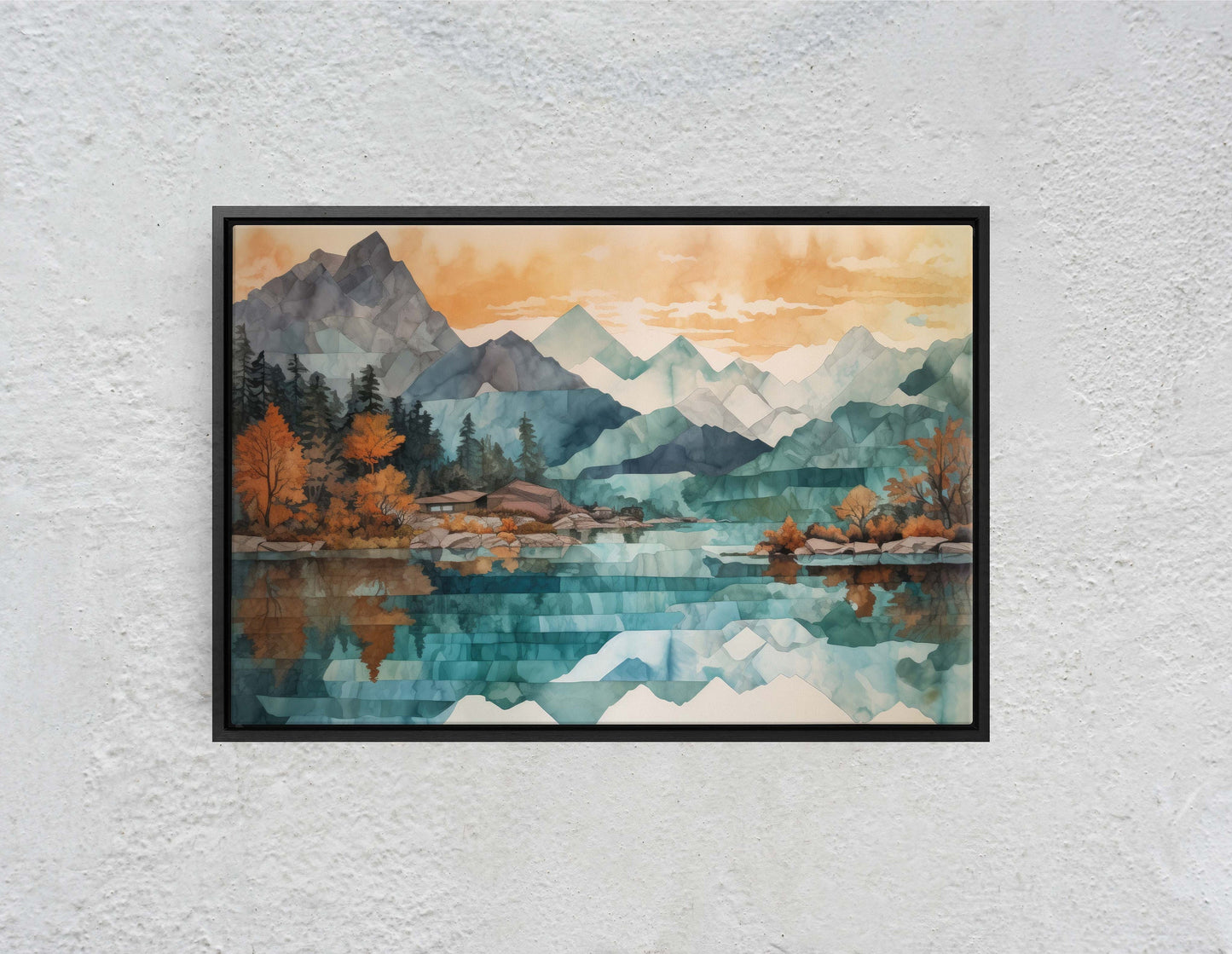 Lakeside Mountains on Canvas, Lake View mountains, Abstract Landscape, Modern Landscape, Neutral Tones, Subtle color, Watercolor Print