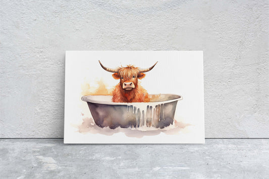 Highland Cow on Canvas, Cow Bathtub, Bathroom Decor, Scottish Cow, Bovine Art, Powder Room, Barn Style, Fun Art, Farm Print, Oversized Art