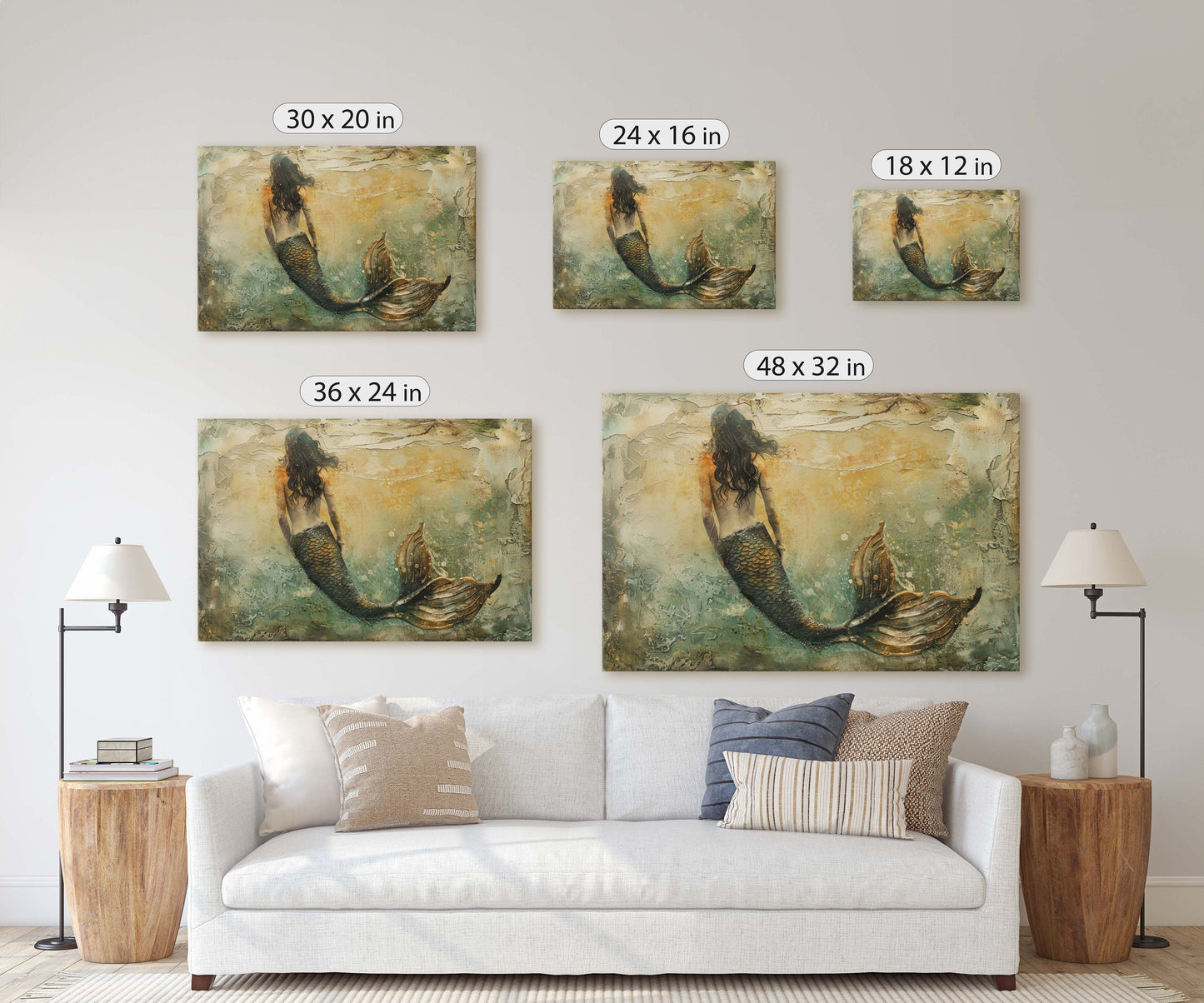 Mermaid Alone, Nautical Artwork, Ocean Decor, Mythical Creature, Fantasy Decor, Faux Metal, Framed Canvas, Extra Large Print