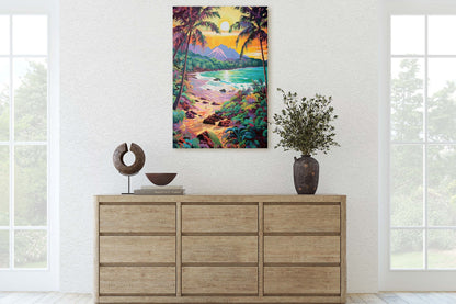 Vibrant Coast on Canvas, Ancient Beach, Framed Canvas, Prehistoric Landscape, Coastline Illustration, Bold Color, Vertical Botanical