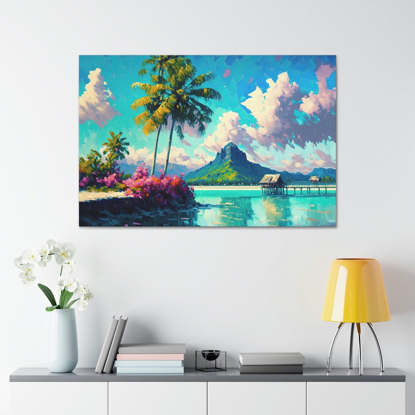 Bora Bora Canvas Art Ready To Hang Large Print, Colorful, Polynesia, Bright Beach. Mountain