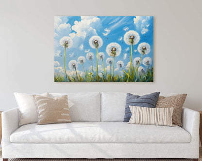 Dandelions Painting, Blue Sky Art, Close up Flowers, Wildflowers Art