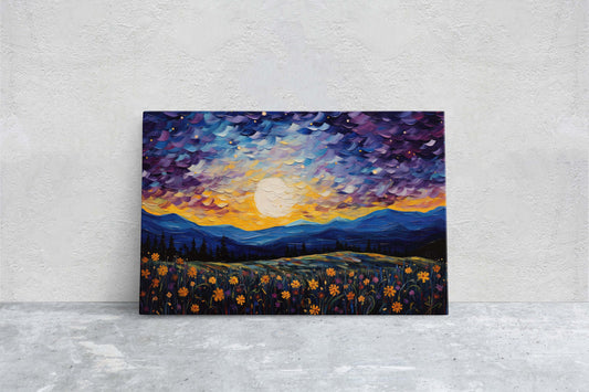 Flowers and Stars, Flower Field Painting, Blues Purples and orange, Moonlit Night, Sunset, Sunrise, Landscape Painting