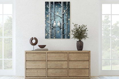 Snow Birds Painting, Winter Bird Tree, Festive Decor, Winter Season, Blue Birds, Tree Lights, Framed Canvas