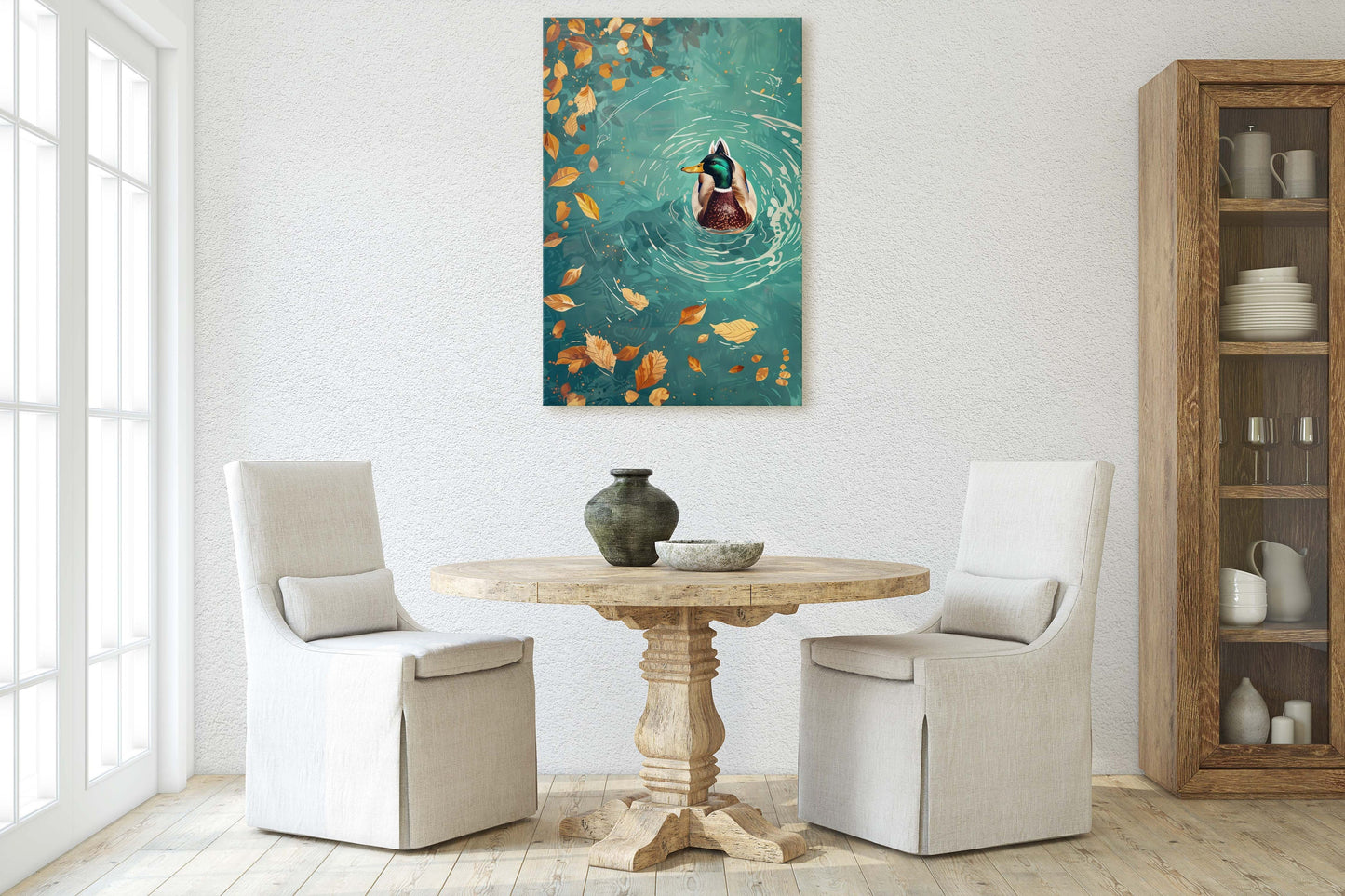 Mallard Duck Fall, Duck in Lake, Framed Canvas, Fall Season, Large Art print, Vertical Print, Leaves in Lake, Tranquil Decor