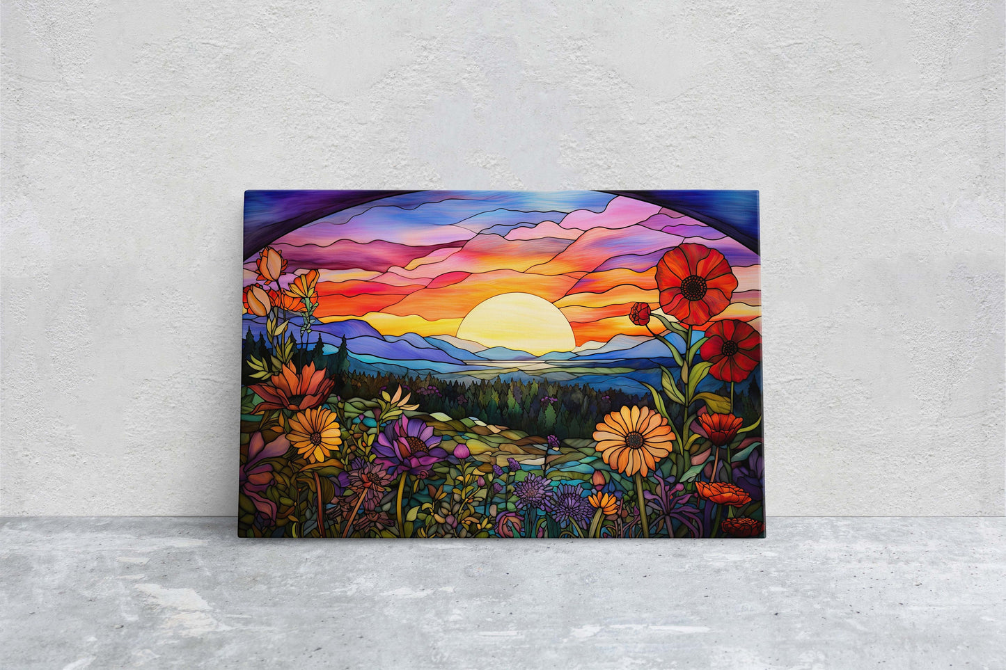Sunset Painting, Faux Stained Glass, Colorful Vibrant, Sunrise Art, Flower Field. Mountain Decor, Framed Canvas
