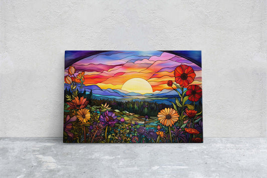 Sunset Painting, Faux Stained Glass, Colorful Vibrant, Sunrise Art, Flower Field. Mountain Decor, Framed Canvas