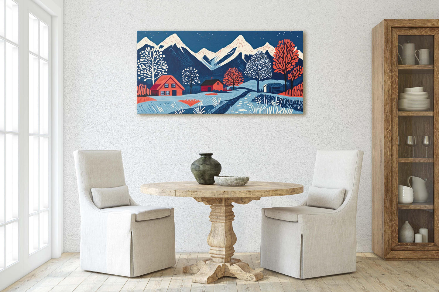 Scandinavian Village, Mountain Village, Mountain Town, Linocut Print