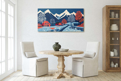 Scandinavian Village, Mountain Village, Mountain Town, Linocut Print