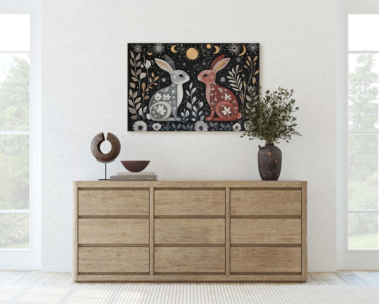 Rabbit Folk Art, Celestial Art, Bunny Art, Nature print, Canvas print