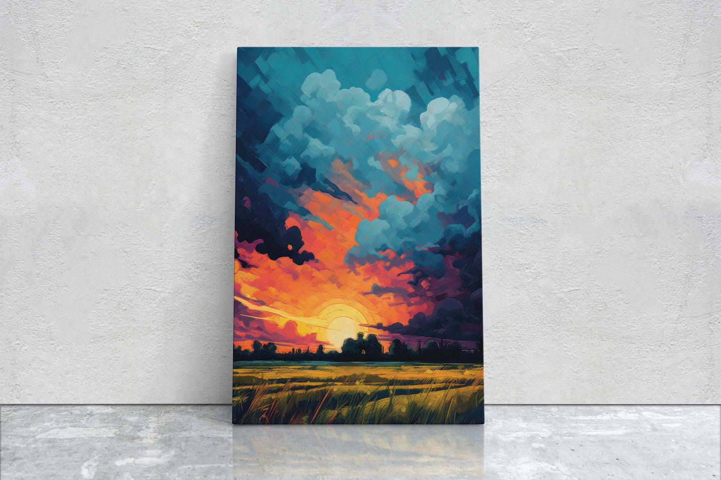 Sunset Field, Vibrant Color, Soothing Art, Peaceful Decor, Painting, Broad Brush stroke, Vivid Art, Large Print, Ready to Hang