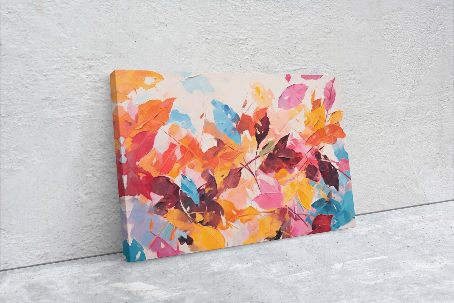 Abstract Leaf Print, Fall Leaves, Autumn,Red Orange Canvas, Fine Art, Modern Artwork, Contemporary Print, Framed Canvas