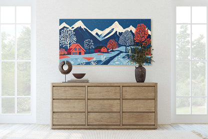 Scandinavian Village, Mountain Village, Mountain Town, Linocut Print
