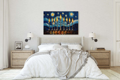 Starry Menorah, Hanukkah Painting, Festive Decor, Winter Season, Jewish Art, Chanukah, Framed Canvas, Jewish Print