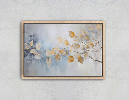 Golden Leaves Rain, Floral Art Painting, Contemporary Canvas,  Large Print, Framed Canvas, Neutral Color, Gray and Gold, Blue Tones