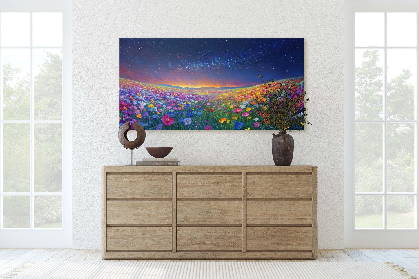 Night time Meadow, Canvas Print, Flower Print, Floral Decor, Star Sky, Starry, Wildflowers Decor