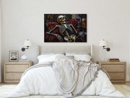 To Death, Skeleton Wine, Lounging Skeleton, Creepy Art, Gothic Halloween, Dark Academia, Dark Arts