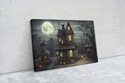 Spooky Mansion, Halloween House, Gothic Home, Scary House, Moonlit Black, Framed Canvas, Creepy cute, Spooky house Art