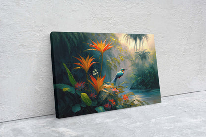 Jungle Flower Bird Canvas Art Ready To Hang Large Print, Oil Painting, Landscape