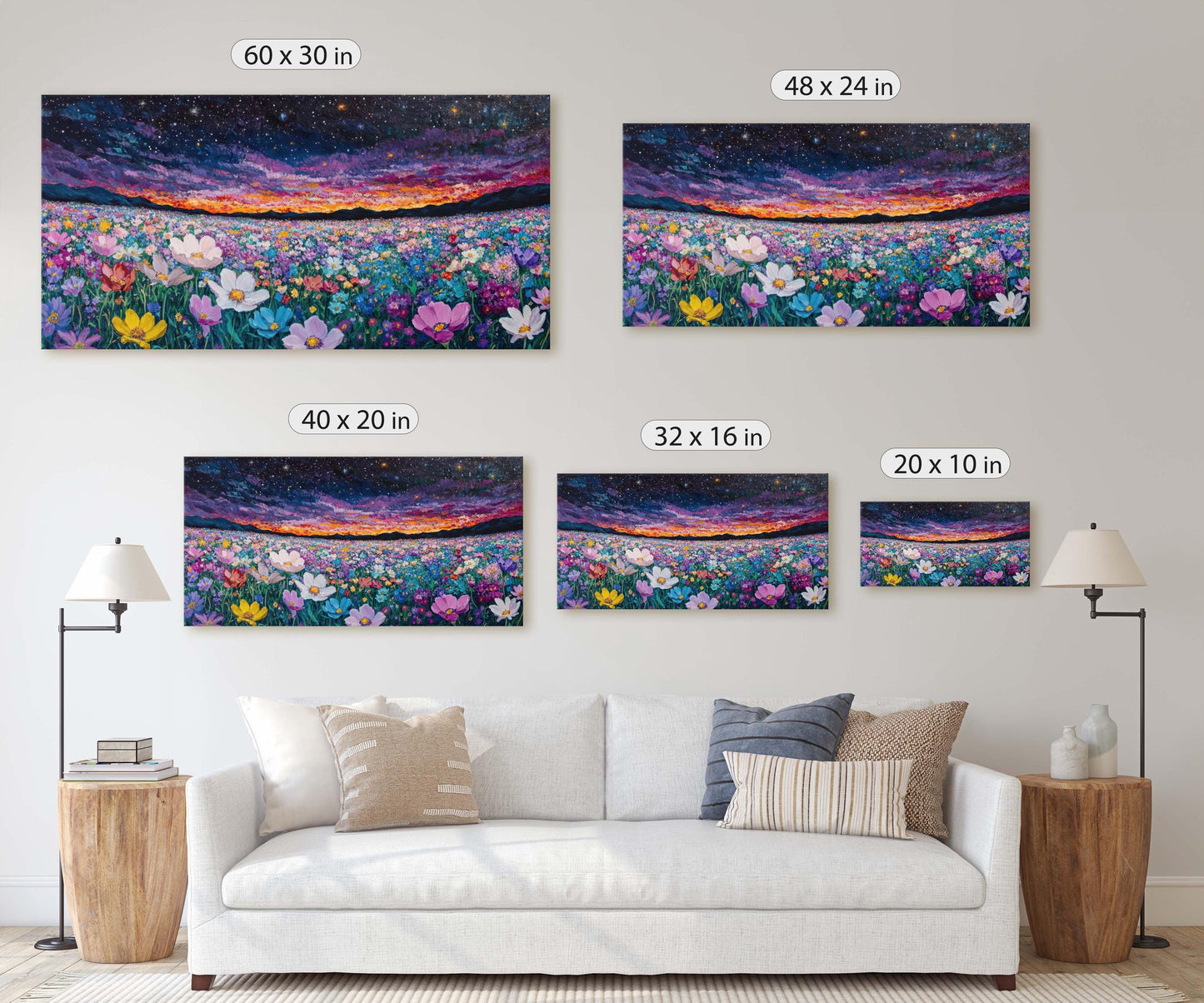 Night Sky Flowers, Meadow in the Night, Dark Colorful, Vibrant Decor, Large Art Print
