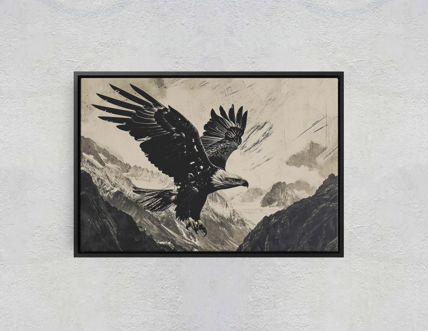 Black and White Eagle, Bald Eagle Painting, Cabin Decor, Mountain Home Art, Framed Canvas, Mountain Range, Nature Art