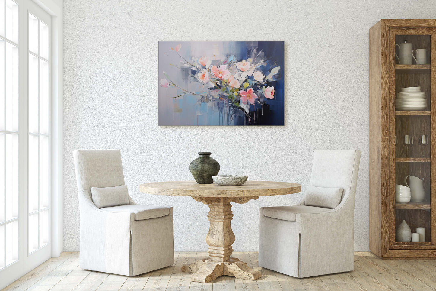 Abstract Floral Print, Flowers in Rain, Blue Canvas, Fine Art, Modern Artwork, Contemporary Print, Framed Canvas
