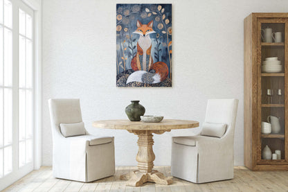 Scandinavian Fox, Folk Art, Celestial Art,  Framed Canvas, Dark Print, Nature Print, Whimsical