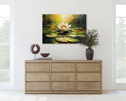 White Lotus Painting, Lily Pad Art, Green Lake, Nature Painting