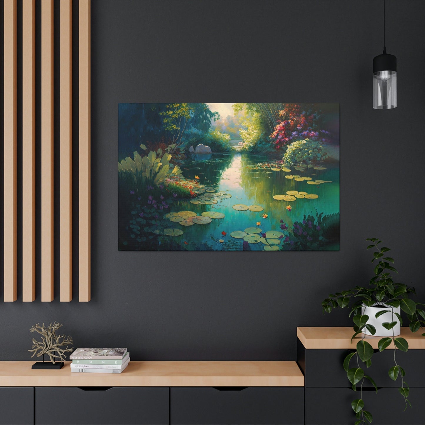 Magical Garden Pond Lily pod Canvas Art Ready To Hang Large Print, Oil Painting, Landscape