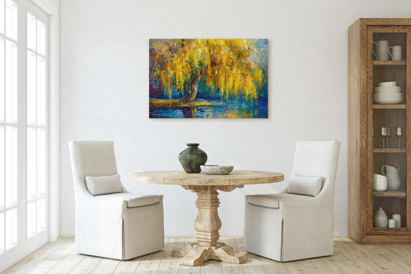 Golden Willow, Weeping Willow, Abstract Modern, Framed Canvas, Large Art Print, Gold and Blue, Tree Painting, Floral Botanical