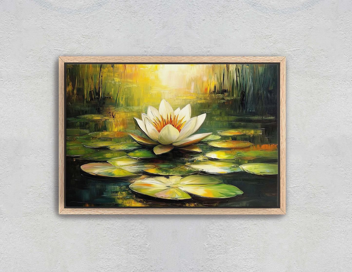 White Lotus Painting, Lily Pad Art, Green Lake, Nature Painting