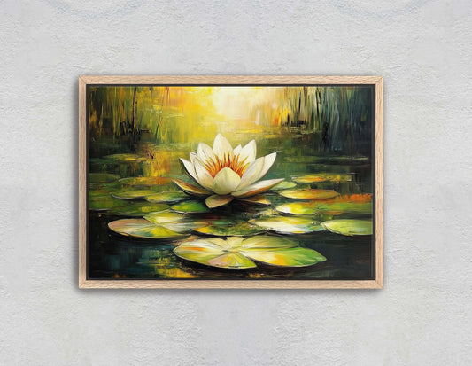 White Lotus Painting, Lily Pad Art, Green Lake, Nature Painting