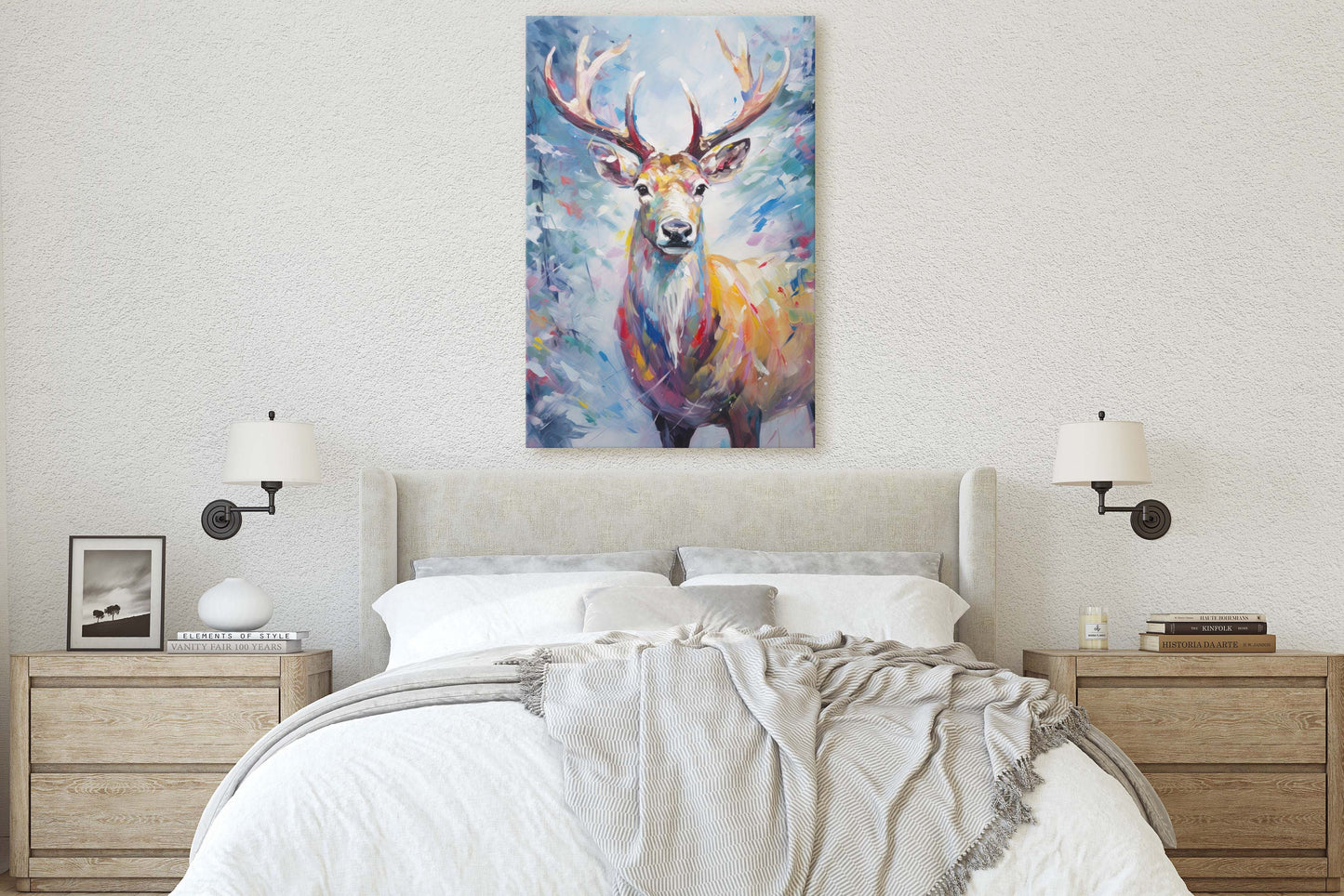 Reindeer Painting, Colorful Reindeer, Winter Art, Festive Decor, Xmas Print, Framed Canvas, Reindeer Print